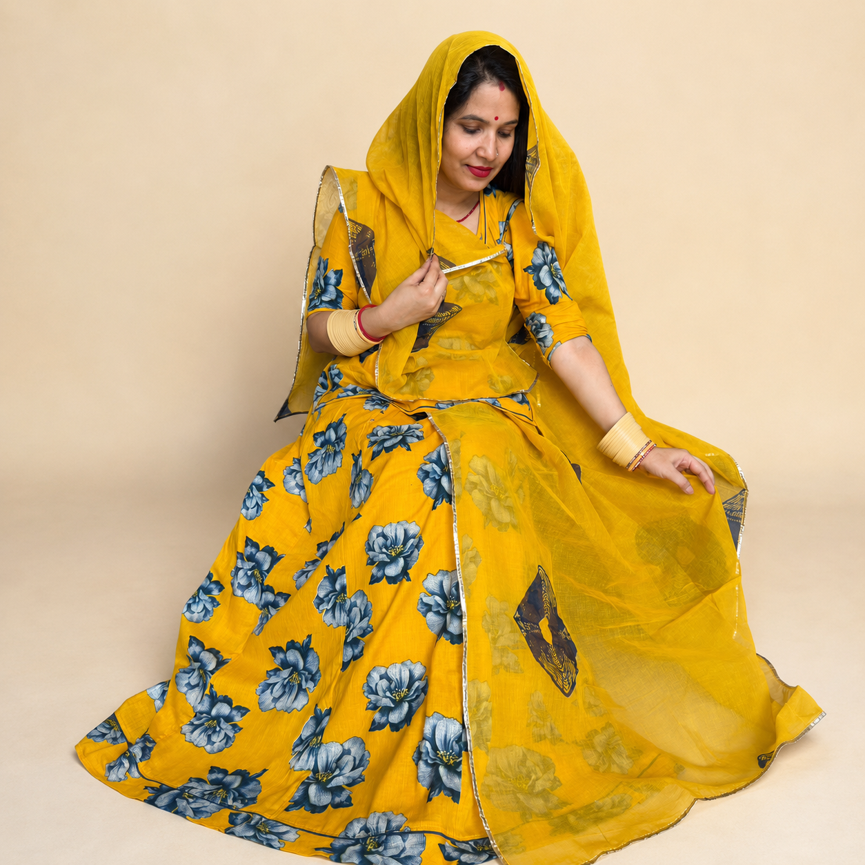Yellow Cotton Floral Suit With Matching Odhni - Panavi Paridh
