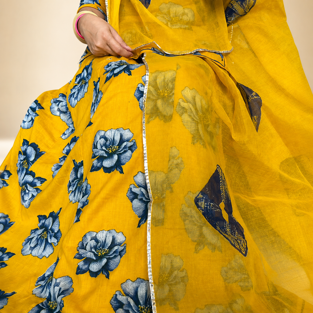 Mustard Yellow Floral Cotton Suit With Matching Odhni - Image 3