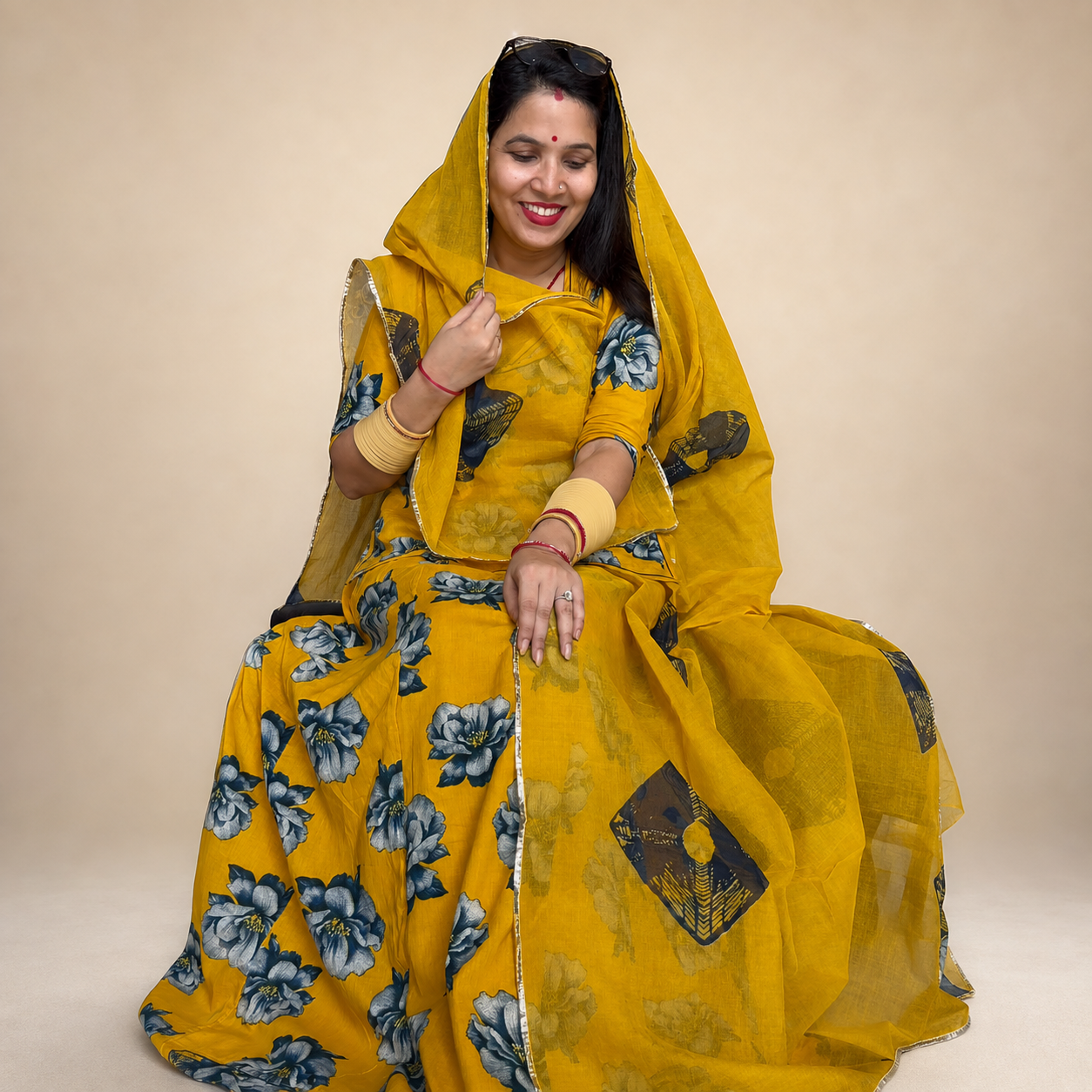 Mustard Yellow Floral Cotton Suit With Matching Odhni - Image 2