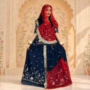 Navy Blue Uppada Suit with Red Pure Odhni and Plain Magji