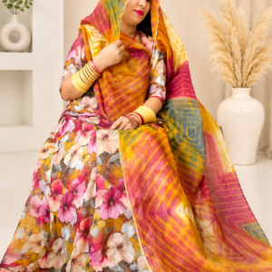“Floral Print Rajputi Suit with Multicolor Odhni – Panavi Paridhan”
