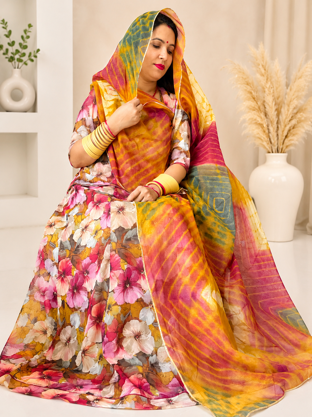 “Floral Print Rajputi Suit with Multicolor Odhni – Panavi Paridhan”
