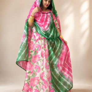 **ALT Text:** **Chiffon Suit with Hand Dai Odhni – Pink Floral Traditional Dress with Green-Pink Odhni | Panavi Paridhan**