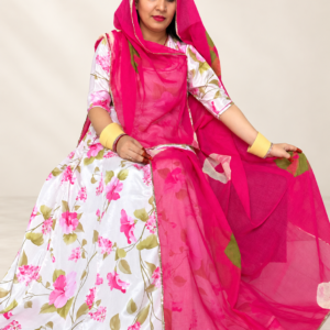 Alt tag: **Chinon Fabric Suit with Hand-Dyed Cotton Odhni – Panavi Paridhan**