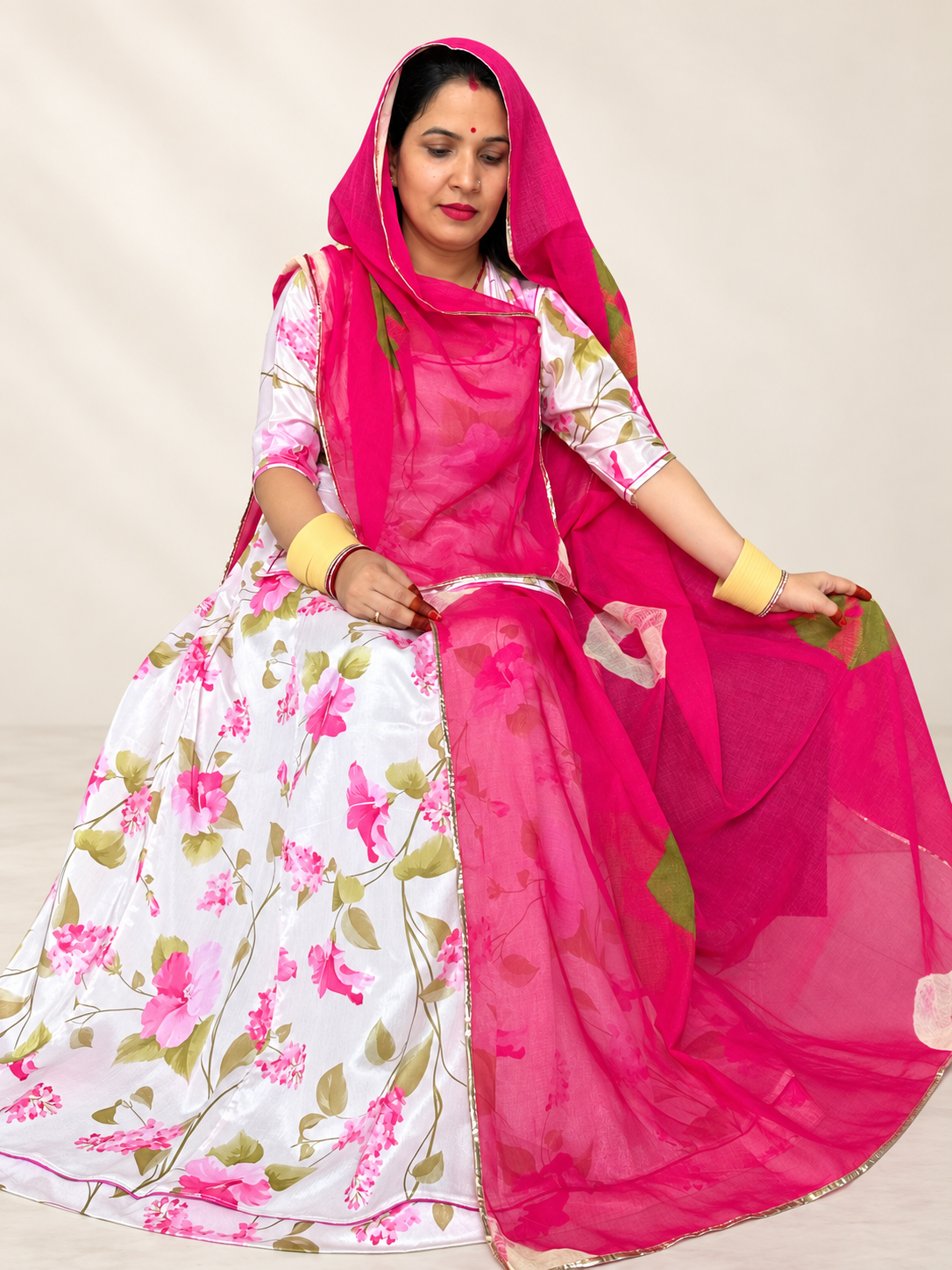 Alt tag: **Chinon Fabric Suit with Hand-Dyed Cotton Odhni – Panavi Paridhan**