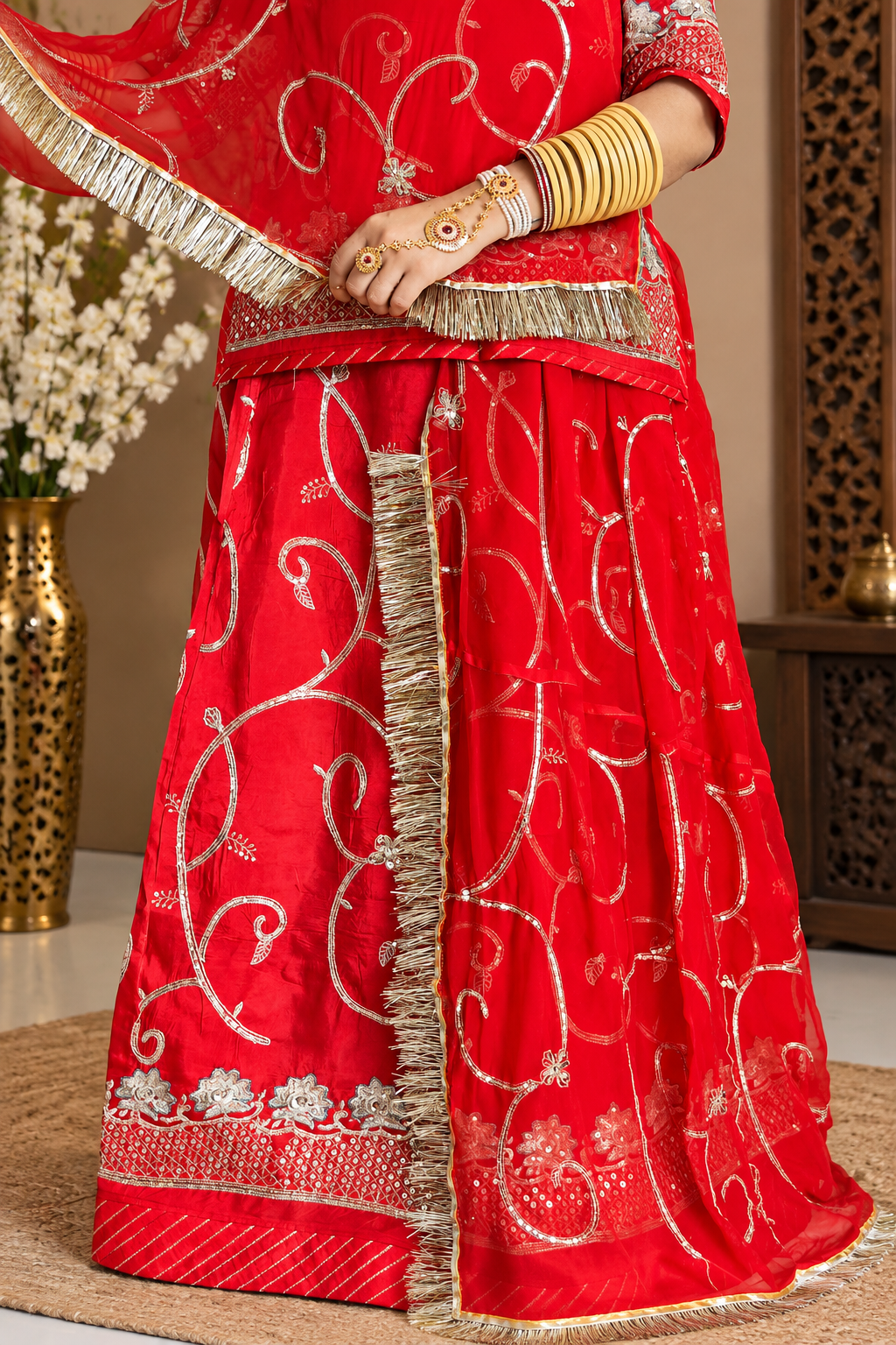 **Alt Text:** `Red Uppada Suit with Hamrai Odhni and Aari Magji Gallery Image – Panavi Paridhan`