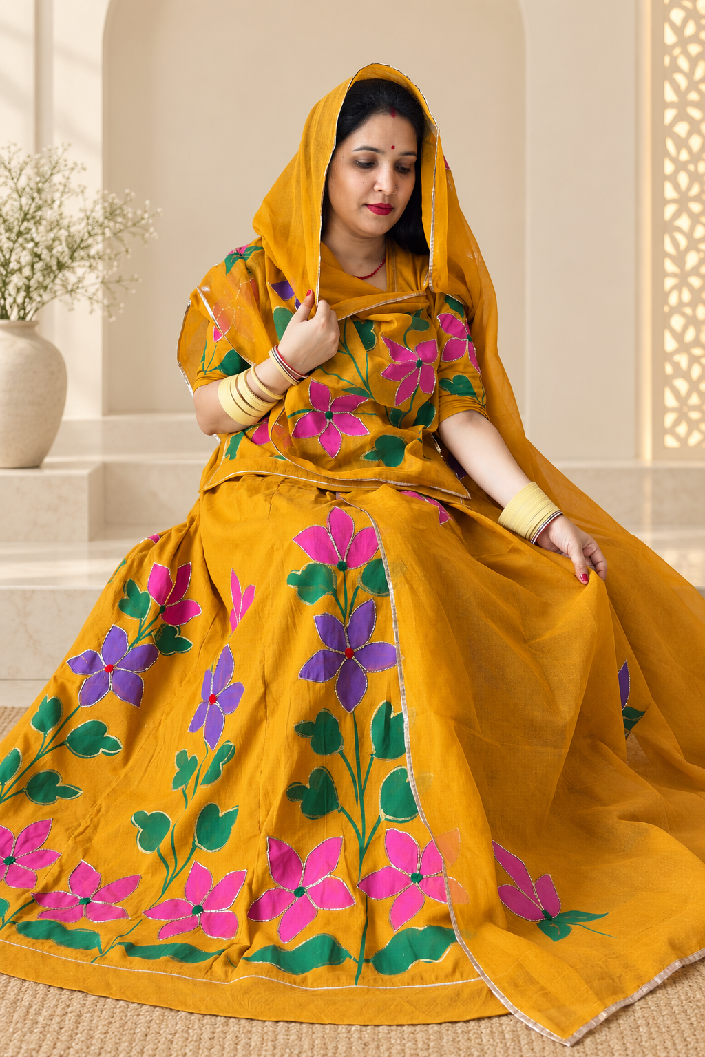 **Alt Text:** Cotton Hand-Painting Work Suit with Cotton Odhni – Panavi Paridhan