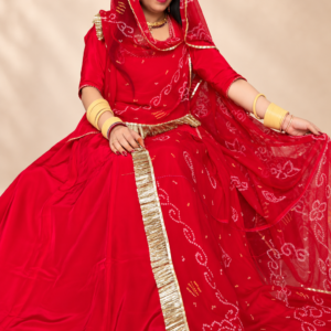 **Alt Text:** Red Rajputi Traditional Dress with Bandhani Odhni and Golden Border – Panavi Paridhan