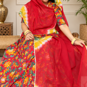 Cotton Suit with Hand-Dye Odhni – Red Floral Traditional Rajputi Dress | Panavi Paridhan