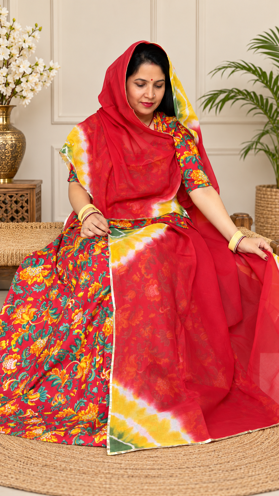 Cotton Suit with Hand-Dye Odhni – Red Floral Traditional Rajputi Dress | Panavi Paridhan