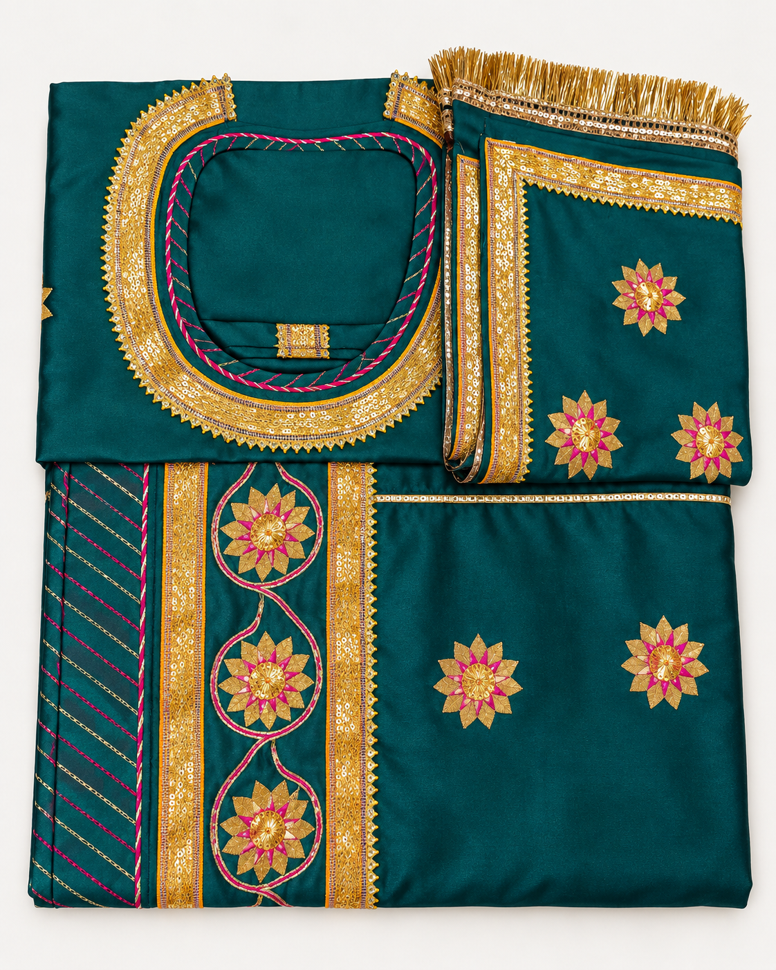 Satin Fabric Suit with Pure Odhni, Resham Magji and Mugal Guna Work – Teal Green Traditional Dress | Panavi Paridhan