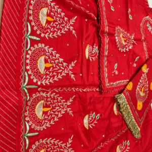 **Alt Text:** Red Uppada Fabric Suit with Pure Odhni and Traditional Embroidery – Panavi Paridhan