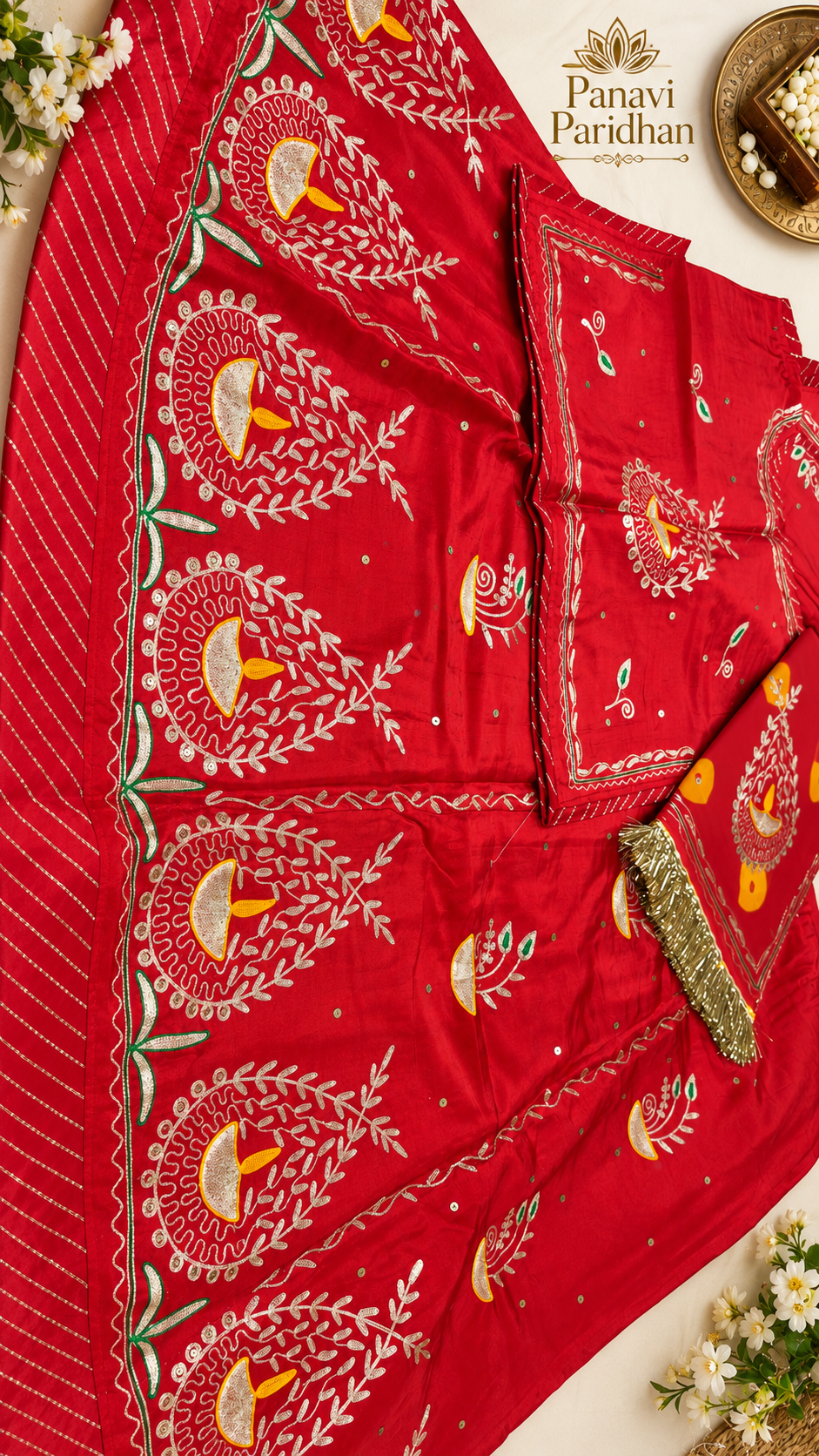**Alt Text:** Red Uppada Fabric Suit with Pure Odhni and Traditional Embroidery – Panavi Paridhan