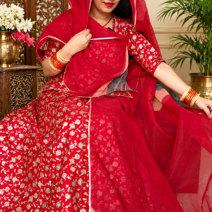 Beautiful red viscose fabric traditional Rajputi suit with floral design and hand-dyed cotton odhni