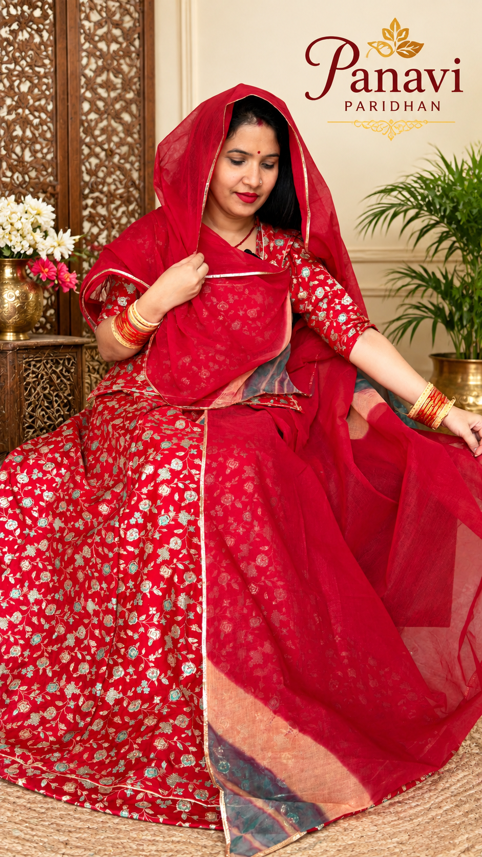 Beautiful red viscose fabric traditional Rajputi suit with floral design and hand-dyed cotton odhni