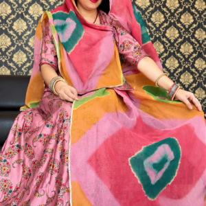 Gaji Silk Fabric Rajputi Suit with Beautiful Cotton Hand Dai Odhni – Traditional Floral Print Collection by Panavi Paridhan