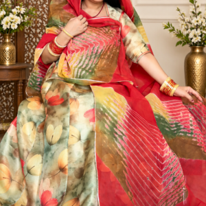 Beautiful Rajwadi Jacquard Fabric Suit with Cotton Hand-Dye Odhni in Elegant Multicolor Floral Design