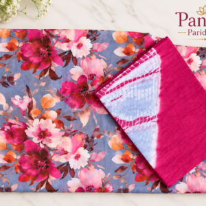 **Alt Text:** Chiffon Suit with Hand-Dye Cotton Odhni – Pink & Floral Print | Panavi Paridhan