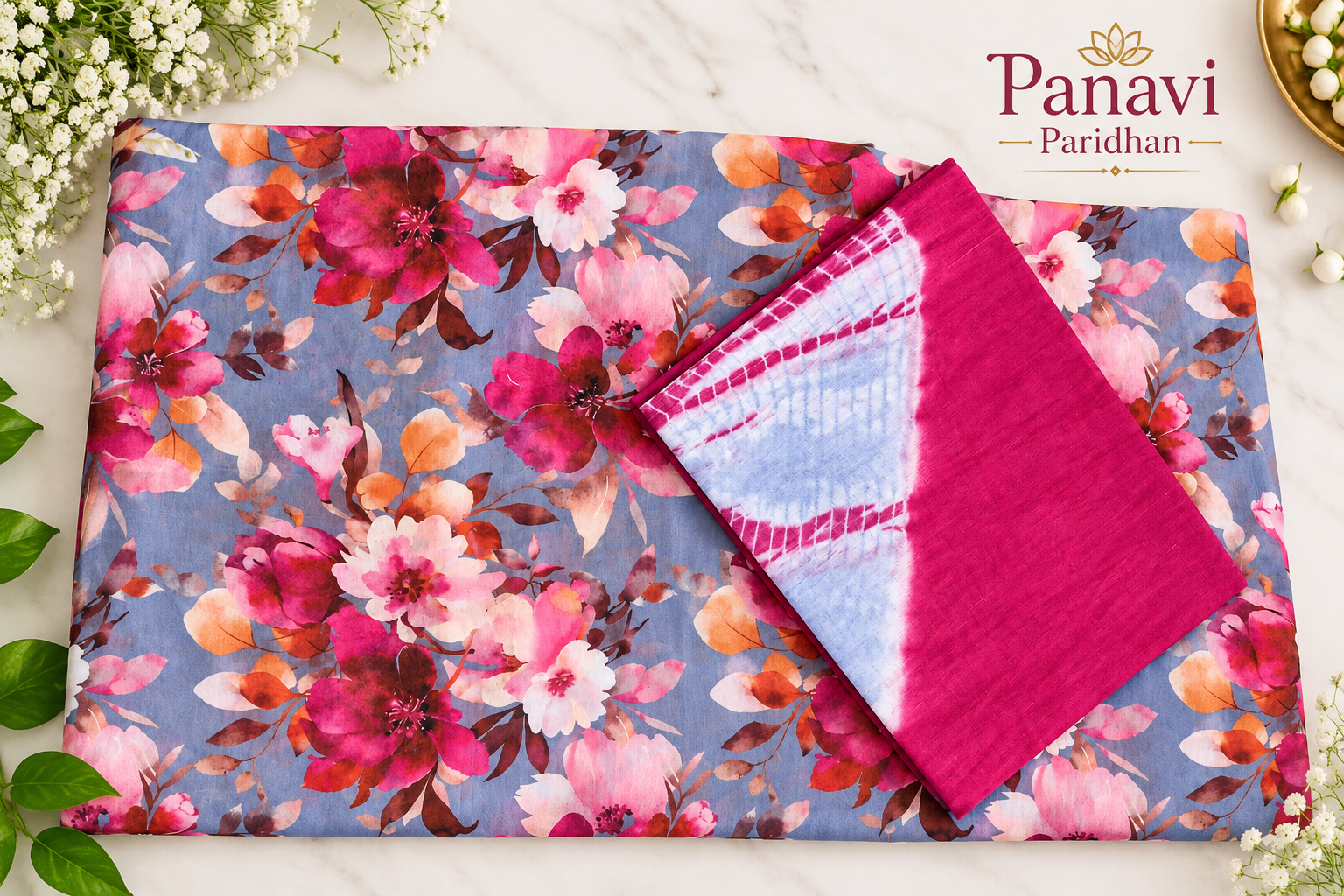**Alt Text:** Chiffon Suit with Hand-Dye Cotton Odhni – Pink & Floral Print | Panavi Paridhan