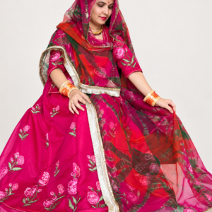 Elegant Magenta Pink Organza Fabric Suit with Floral Embroidery and Pure Shibori Odhni – Traditional Ethnic Wear by Panavi Paridhan.