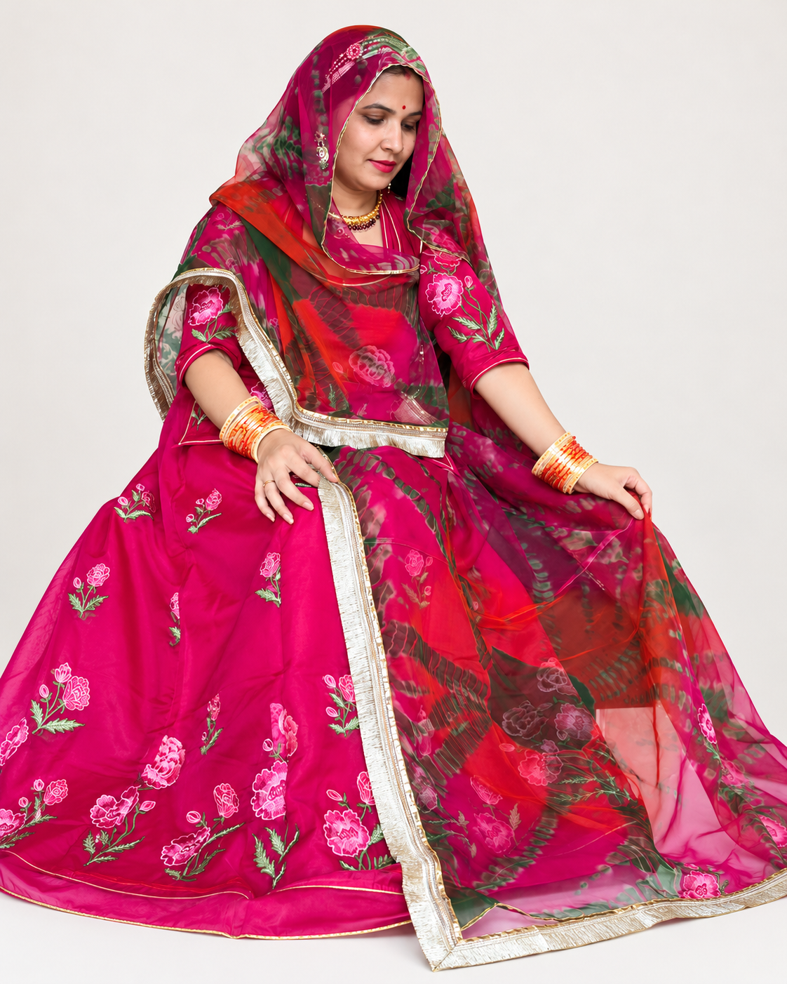 Elegant Magenta Pink Organza Fabric Suit with Floral Embroidery and Pure Shibori Odhni – Traditional Ethnic Wear by Panavi Paridhan.