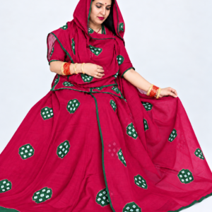 Dark Pink Sentoon Hand Dai Suit with Traditional Ladu Bandhej Design, Green Motifs, Green Border Detailing and Same Matching Cotton Odhni – Panavi Paridhan