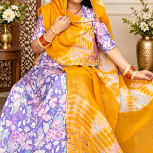 Beautiful Barbary Silk Fabric Suit in Purple Floral Print with Mustard Yellow Hand-Dye Cotton Odhni