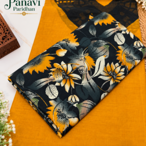 **Alt Text:** Cotton Suit with Cotton Odhni – Mustard Yellow & Black Floral Print | Panavi Paridhan