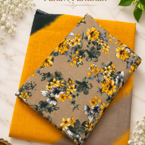 **Alt Text:** Cotton Suit with Cotton Odhni – Mustard Yellow & Beige Floral Print | Panavi Paridhan