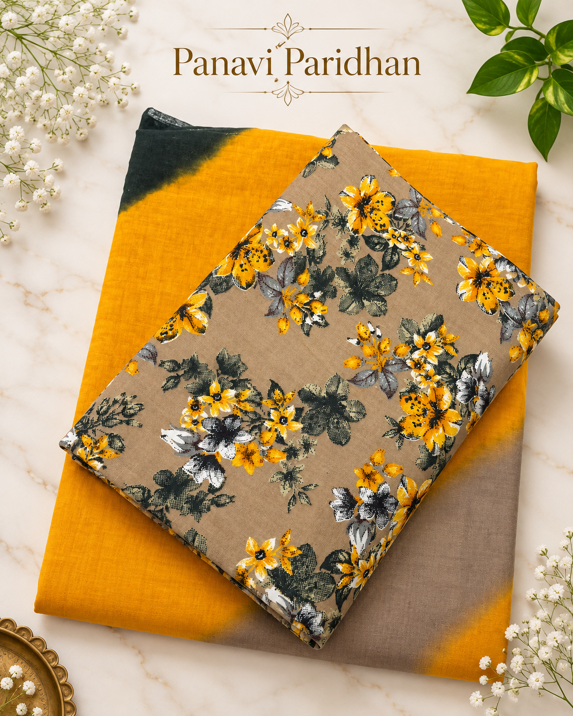 **Alt Text:** Cotton Suit with Cotton Odhni – Mustard Yellow & Beige Floral Print | Panavi Paridhan