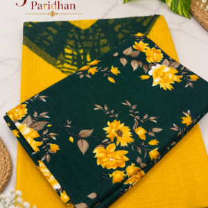 **Alt Text:** Cotton Suit with Cotton Odhni – Mustard Yellow & Dark Green Floral Print | Panavi Paridhan