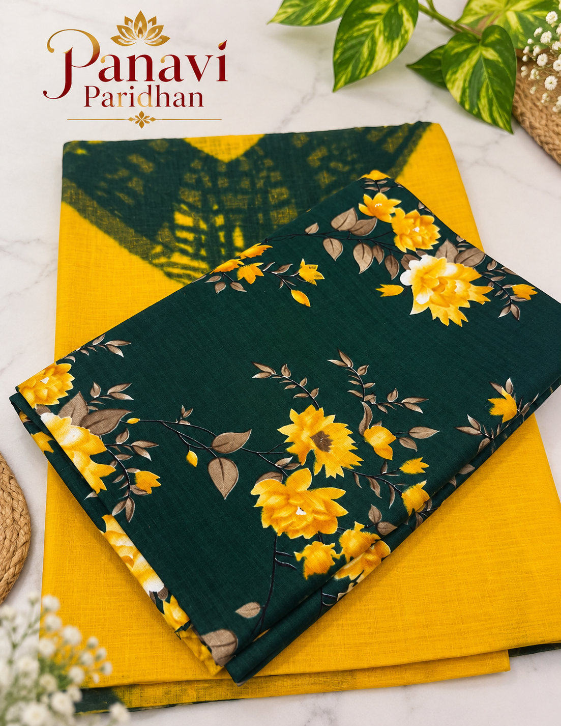 **Alt Text:** Cotton Suit with Cotton Odhni – Mustard Yellow & Dark Green Floral Print | Panavi Paridhan