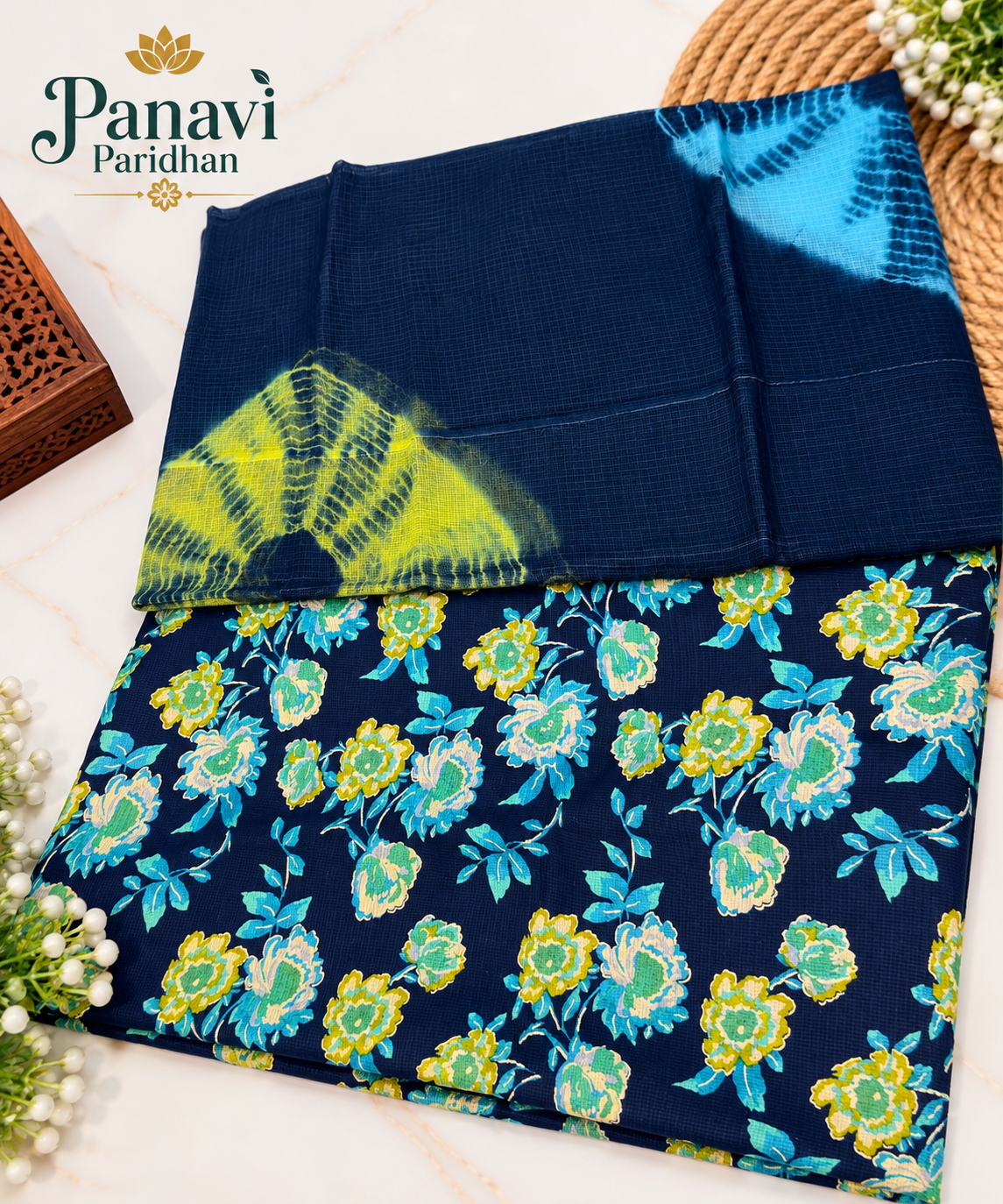 **Alt Text:** Barlin Fabric Suit with Cotton Doriya Odhni – Navy Blue Floral Print | Panavi Paridhan