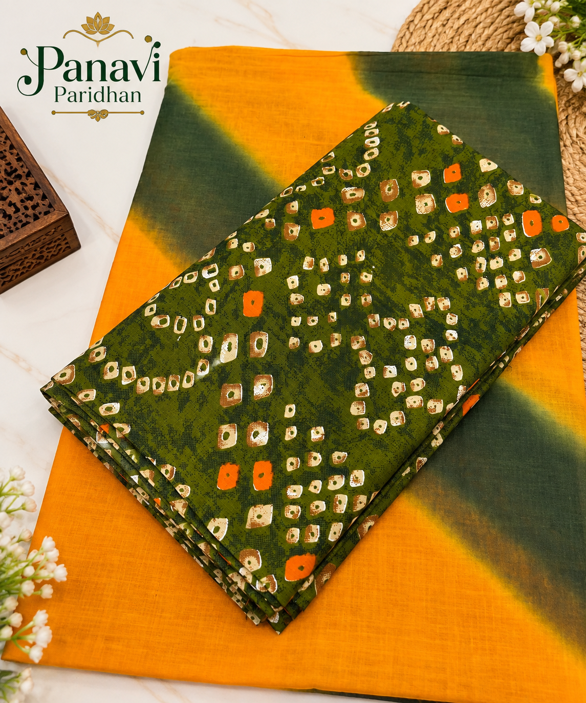 **Alt Text:** Cotton Suit with Cotton Odhni – Olive Green & Mustard Printed Ethnic Wear | Panavi Paridhan