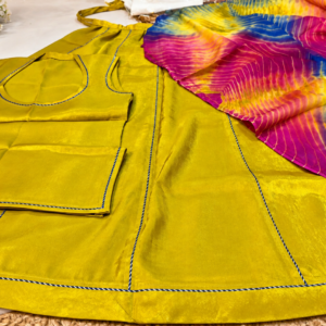 Glocy Fabric Suit with Shibori Pure Odhni – Mustard Yellow Multicolor | Panavi Paridhan Alt Text: Beautiful Mustard Yellow Glocy Fabric Rajputi Suit with Multicolor Shibori Pure Odhni and Elegant Blue Piping – Panavi Paridhan