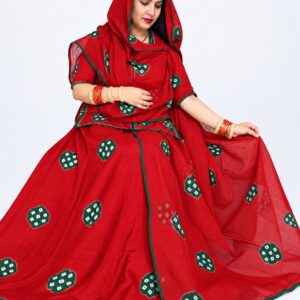 Red Sentoon hand dai suit with traditional ladu bandhej design, light green motifs, matching cotton odhni, and green border detailing, displayed in a studio-style product photo.
